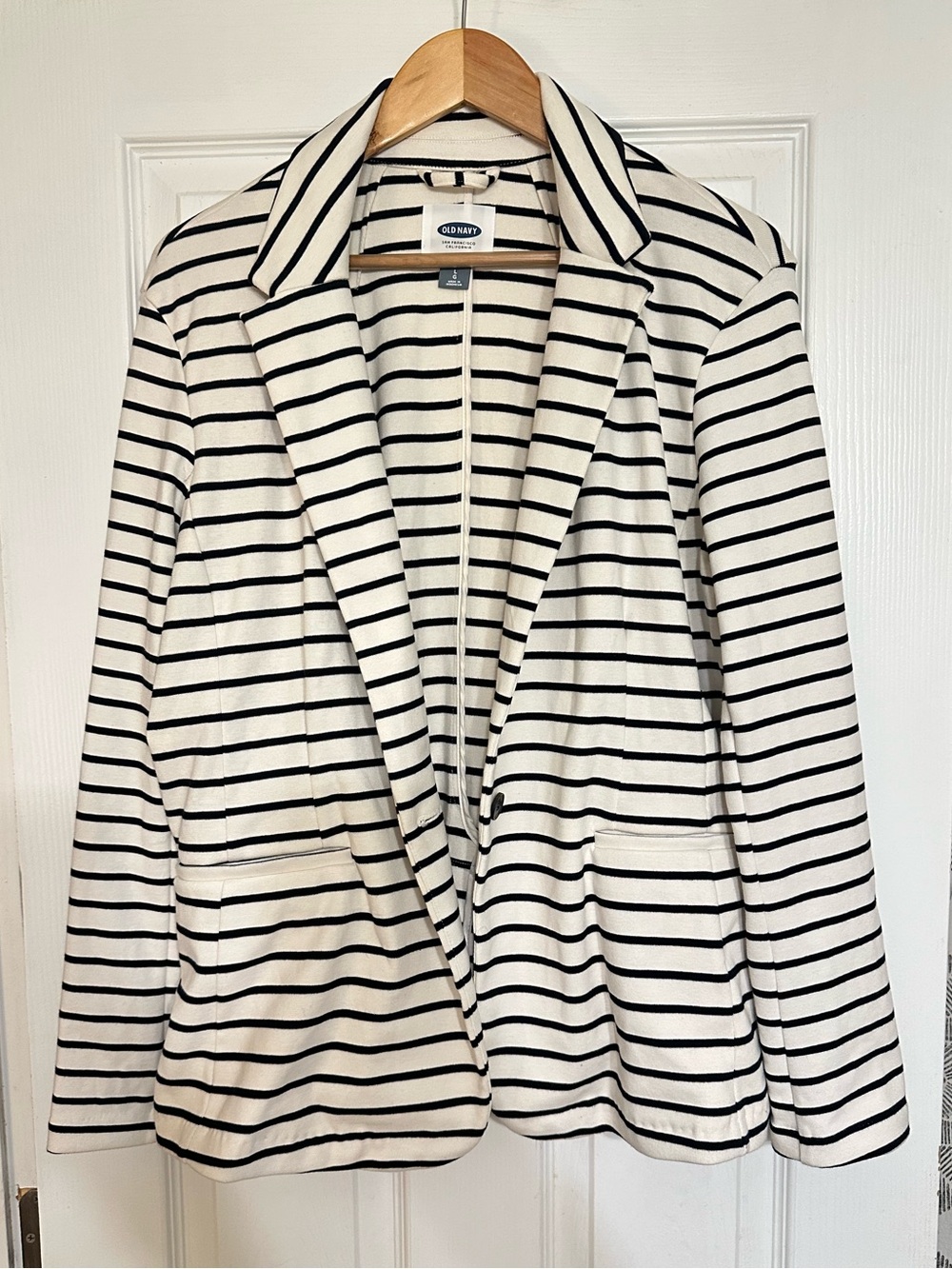 Old Navy Women’s Black White Striped Cotton Blazer Jacket L Office French Girl